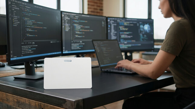 Blank ID badge mockup resting on a desk with a faceless woman working on AI screens behind.