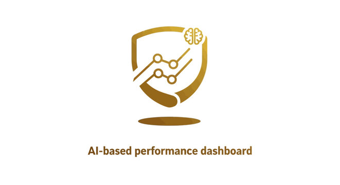 Elegant golden shield emblem with data analysis and performance metrics.