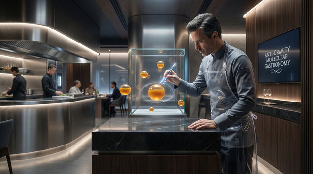 High-Tech Culinary Innovation: Chef pioneers futuristic anti-gravity molecular gastronomy in a luxury fine dining restaurant. The future of food and advanced cuisine concept.