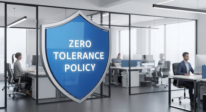 Comprehensive Zero Tolerance Policy Displayed on Glowing Digital Blue Shield Icon in a Professional Corporate Office Environment Representing Strict Regulation and Workplace Compliance