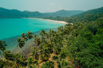 Obraz premium Aerial view of a beautiful tropical island coastline with clear turquoise water, white sand beach, and lush green palm trees.