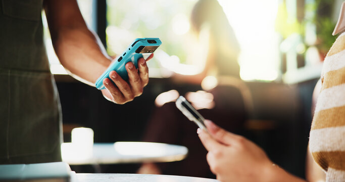 Hands, phone and waiter with machine at cafe, order or sale with customer experience at diner. People, server and tap with easy payment in coffee shop, fintech app and pos with bills at restaurant
