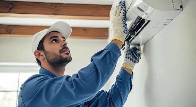Hvac business professional technician installing air conditioner for commercial or residential climate control solutions