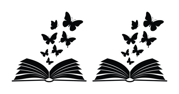 Black butterfly silhouettes flying from open book, magic storytelling concept vector, literary imagination and fantasy reading illustration