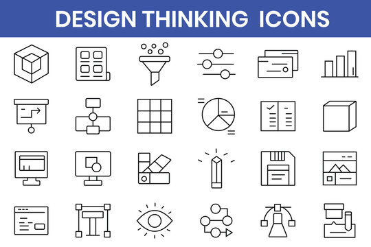 Design thinking icons set. Includes symbols of creativity, brainstorming, thinking, ideation, brainstorm,  prototype, innovation, problem solving, prototyping, user research, and collaboration. 