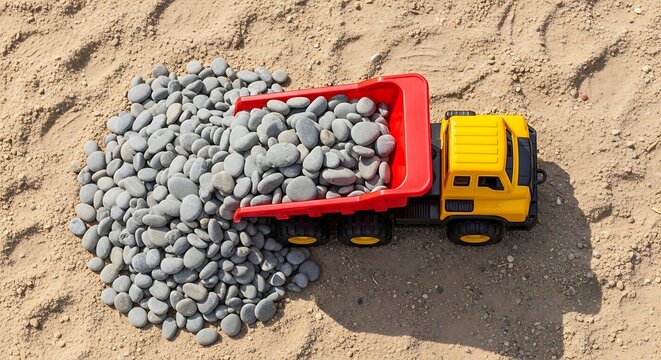 Yellow and red toy dump truck carrying grey pebbles on sand