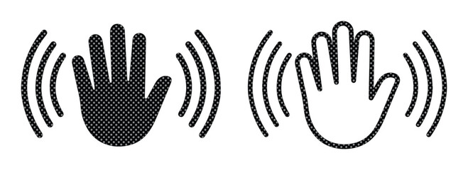 Minimalist waving hand icons, black and white palm silhouettes with motion lines, greeting and farewell gesture vector set for interface design © xantii