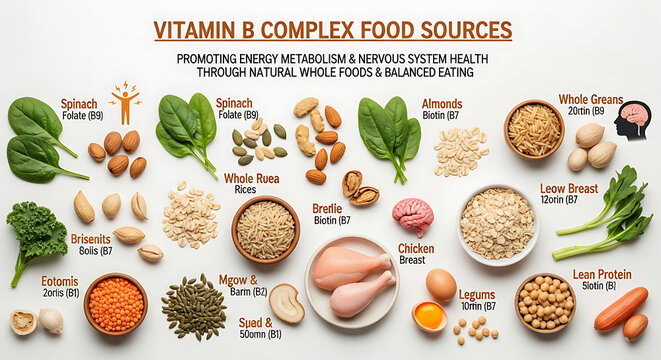 Nutritional visual guide featuring diverse vitamin B complex food sources including fresh vegetables, grains, nuts, and proteins for healthy dietary lifestyle and natural energy metabolism.