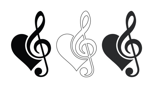 Musical treble clef heart icons, black and white music note symbols, romantic melody vector set for wedding invitations and logo design
