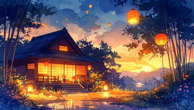 Warm Nostalgic Watercolor Illustration of Japanese Obon Homecoming Season with Traditional House Bamboo and Floating Lanterns