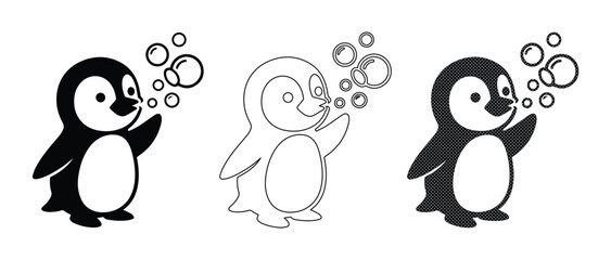 Cute penguin blowing bubbles vector set, cartoon animal character icons in black silhouette and outline style, playful arctic bird illustrations © xantii