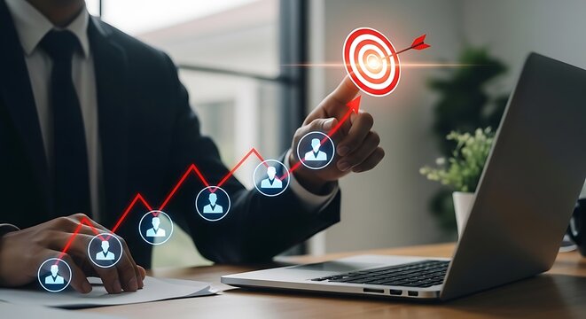 Businessman touching virtual target with upward graph and profile