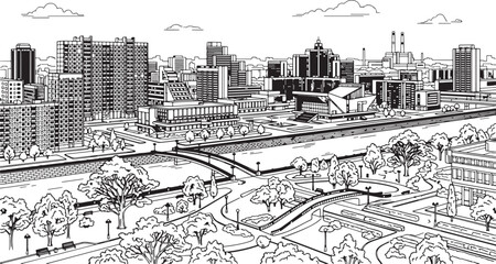 Fototapeta premium City landscape. Different buildings on street, outline cityscape hand sketch, flat houses. Hand drawn vector illustration