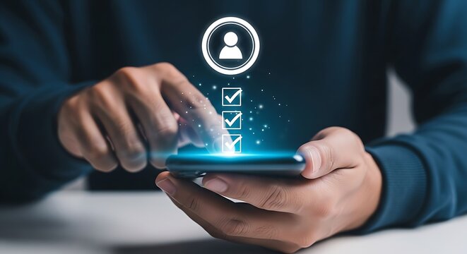 Hands holding smartphone with user profile and checkmarks hologram interface