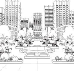Fototapeta premium City landscape. Different buildings on street, outline cityscape hand sketch, flat houses. Hand drawn vector illustration