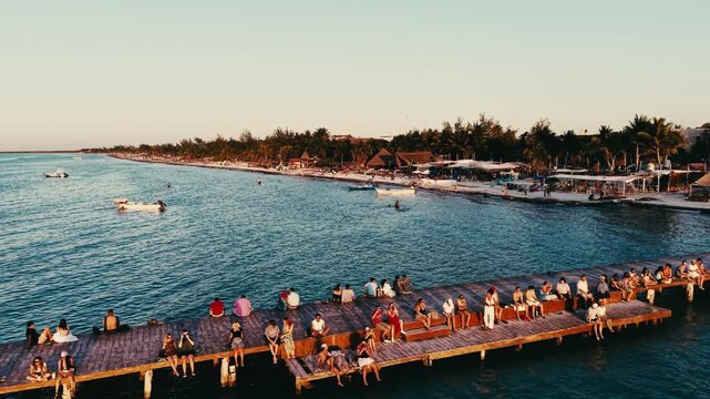 Aerial drone view of sandbar and turquoise coastline in Holbox Island, Mexico &ndash; tropical Caribbean landscape