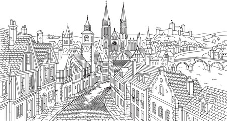 Obraz premium City landscape. Different buildings on street, outline cityscape hand sketch, flat houses. Hand drawn vector illustration