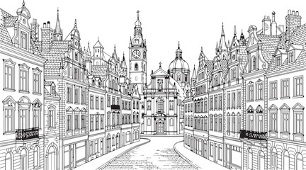 Fototapeta premium City landscape. Different buildings on street, outline cityscape hand sketch, flat houses. Hand drawn vector illustration