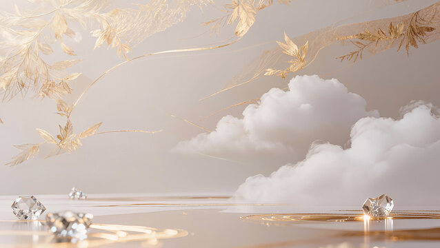 ​Ethereal abstract background in cream and gold.
​Golden metallic leaves float through the air.
​Fluffy white clouds add a dreamlike texture.
​Sparkling crystals rest on a reflective surface.