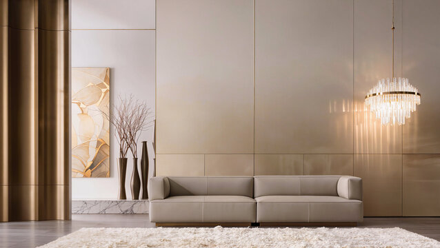 modern living room,
Modern beige sofa sits in center.
Crystal chandelier glows with warm light.
Golden wall panels add luxury feel.
Abstract painting hangs in the background.
Fluffy white rug 
