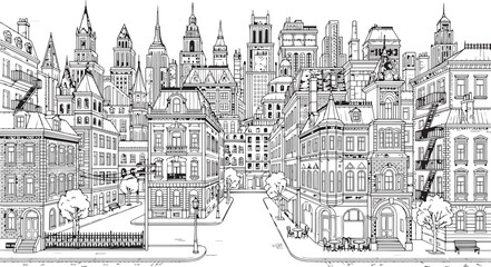 Obraz premium City landscape. Different buildings on street, outline cityscape hand sketch, flat houses. Hand drawn vector illustration