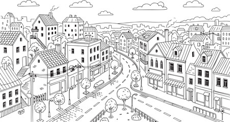 Fototapeta premium City landscape. Different buildings on street, outline cityscape hand sketch, flat houses. Hand drawn vector illustration