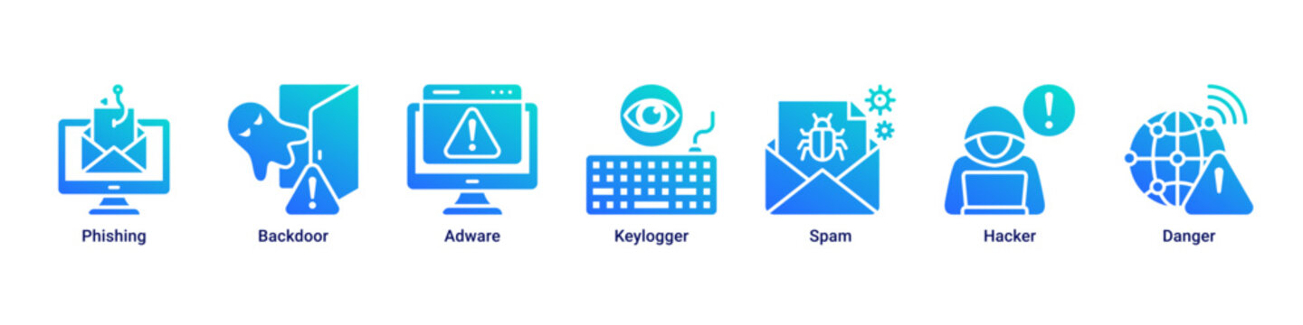 Attack Prevention web banner icon vector illustration with icons of Phishing,Backdoor,Adware,Keylogger,Spam,Hacker and Danger