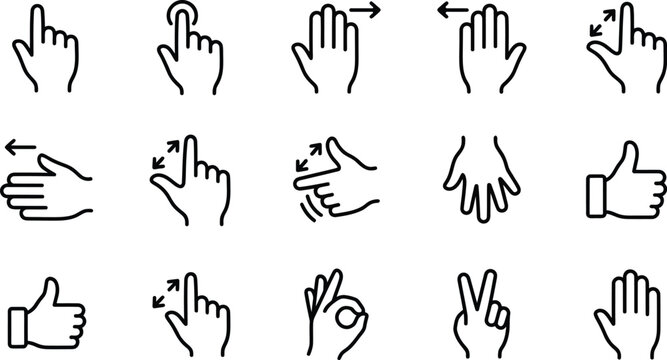 A comprehensive vector graphic set showcasing diverse hand gestures and touch screen navigation icons for modern mobile user interface designs