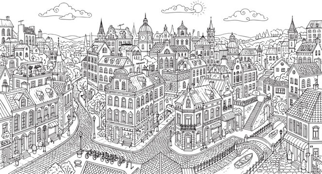 City landscape. Different buildings on street, outline cityscape hand sketch, flat houses. Hand drawn vector illustration