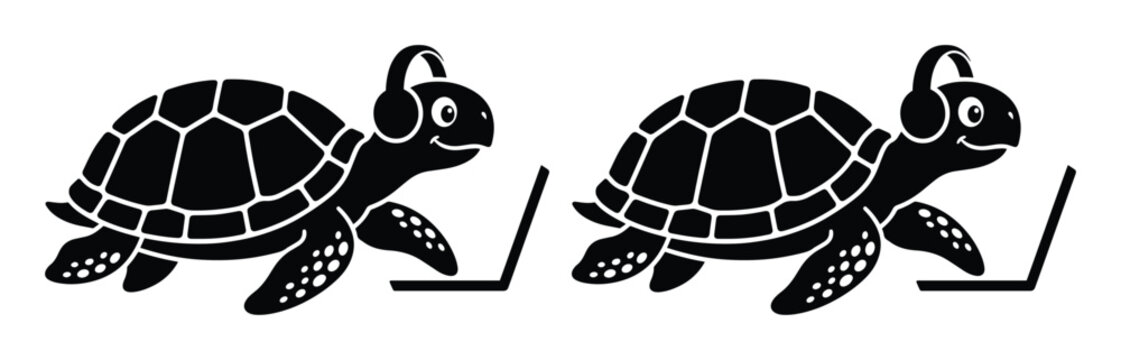 Cartoon turtle wearing headphones using a laptop vector, black silhouette tortoise gamer mascot, funny animal character working on computer