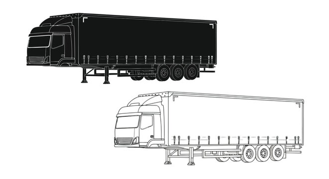 Line art illustration of a semi truck and trailer side and perspective views