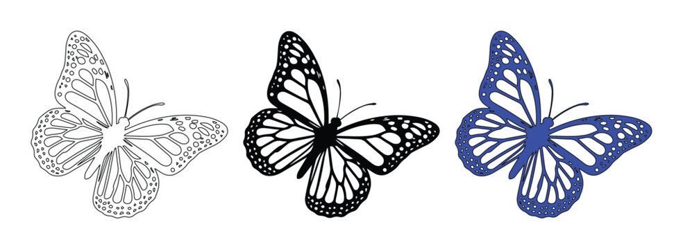 Monarch butterfly vector set, elegant butterfly silhouettes in black blue and outline styles, 3 decorative insect icons for nature design