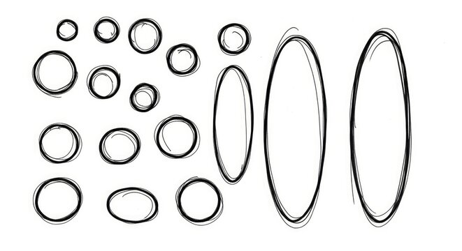 Set of Hand Drawn Black Ink Sketch Circles and Oval Shapes on White Background