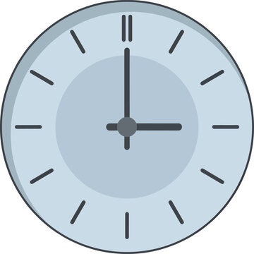 Minimalist vector illustration of a circular wall clock showing three o'clock with simple dark hands and clear tick mark indicators
