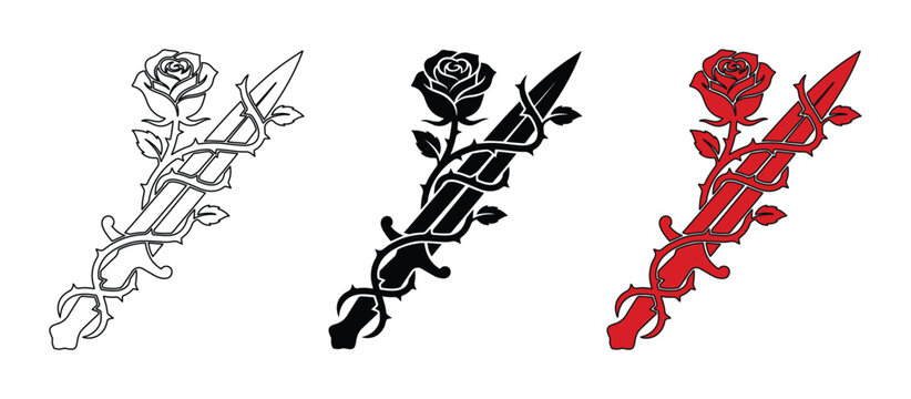 Gothic rose and dagger vector set, romantic sword wrapped in thorny vine icons, black and red floral blade illustrations for tattoo design