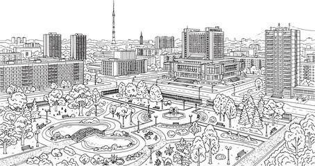 Fototapeta premium City landscape. Different buildings on street, outline cityscape hand sketch, flat houses. Hand drawn vector illustration