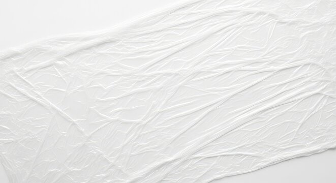 White Crumpled Plastic Film Texture Background, High Key Minimalist Folded Cellophane Wrap