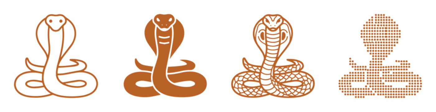 Minimalist cobra snake icon set, brown king cobra vector illustrations, 4 stylized serpent silhouettes for logo design and branding