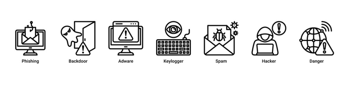 Attack Prevention web banner icon vector illustration with icons of Phishing,Backdoor,Adware,Keylogger,Spam,Hacker and Danger