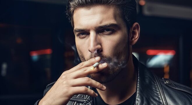 moody male smoker portrait in leather jacket with cigarette and smoke