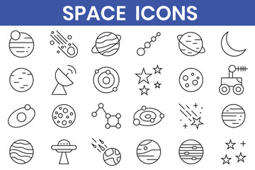 Space line icons set. Astronomy icon set. Contains such Icons as space, planet, alien, solar, astronaut, technology, space travels, stars, exploration And Other Elements. Vector illustration. © Dream Scape Studio