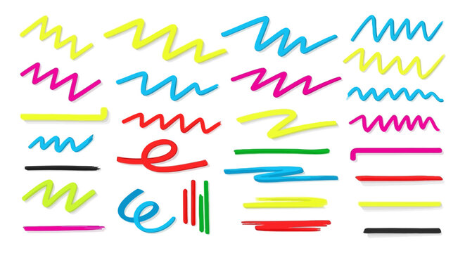 colorful hand-drawn marker lines and highlighter strokes in various abstract shapes ideal graphic resources for creative design.