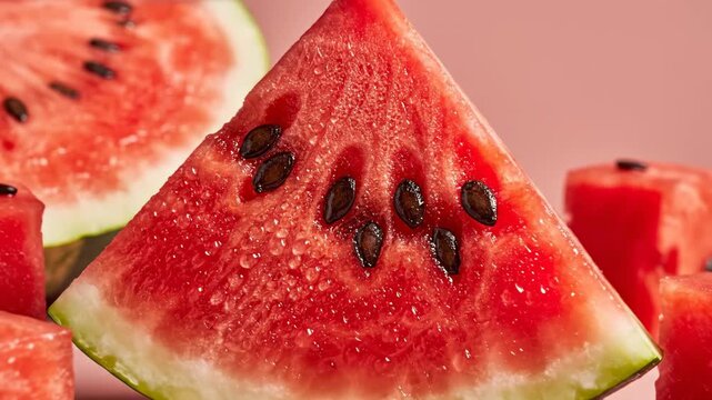 This features a close-up shot of a slice of watermelon surrounded by cubes on a table with a soft pink background. The watermelon is fresh and vibrant, with a bright red interior and green rind. The