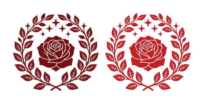 Elegant red rose laurel wreath vector set, floral heraldic crest with blooming rose and stars, romantic botanical emblem for wedding branding