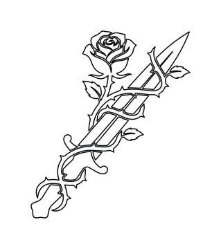 Minimalist black and white rose and dagger tattoo vector, floral sword with thorny vine illustration, gothic line art flower and blade design