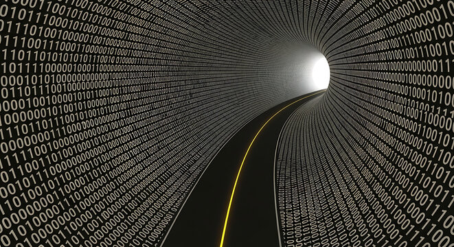 Abstract binary code tunnel road with glowing light at the end, representing data stream and digital technology.