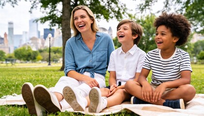 Fototapeta premium Happy family laughing in a city park. Mother and two boys sitting on a picnic blanket with skyline background. Diverse children and woman enjoying summer day outdoors. Joyful lifestyle concept