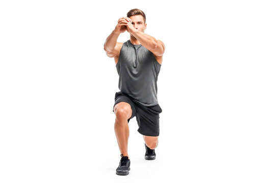 Man performing squat with overhead arm position for a workout routine