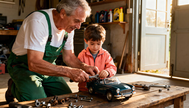 Grandfather teaching his grandson to fix a vintage toy car with a wrench in a workshop. Senior man and young boy bonding while working together on a hobby. Family quality time and learning concept