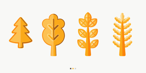 Four stylized golden trees representing different coniferous forms © Sabuj